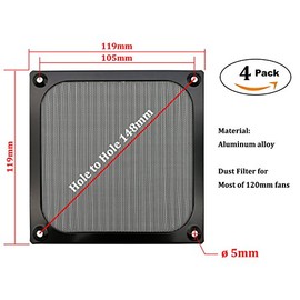 Rejillas de filtro de ventilador de computadora de 120 mm con tornillos, malla de aluminio ultrafina, color negro, paquete de 4
