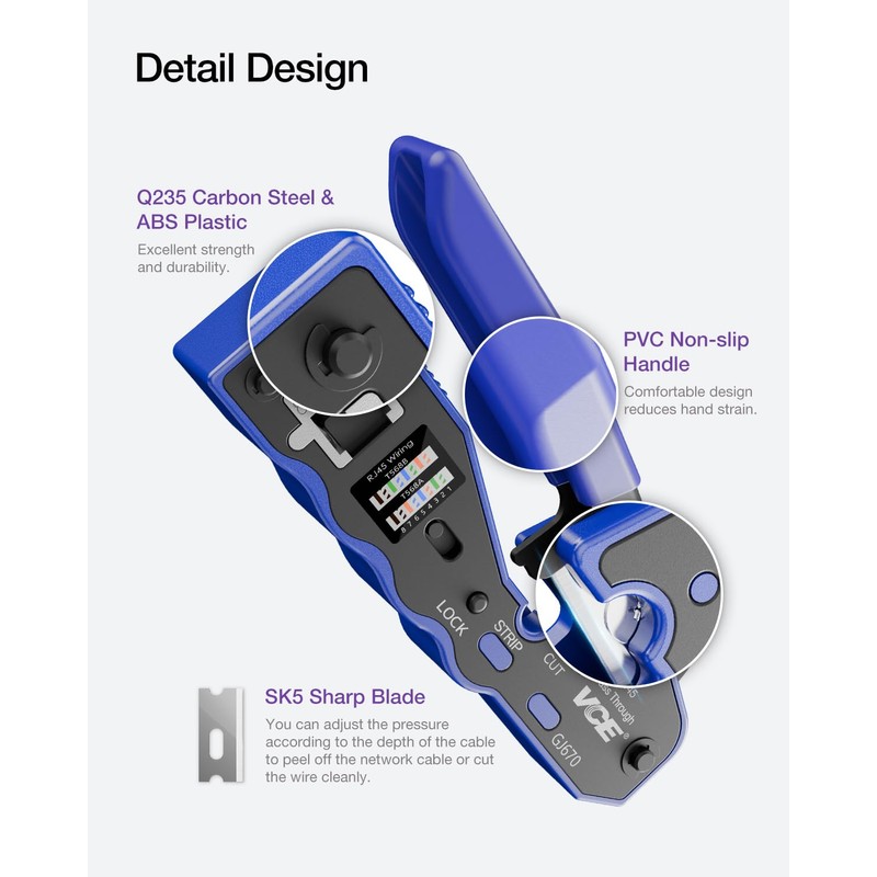 VCE RJ45 Crimper Pass Through, Ethernet Crimping Tool for Cat6