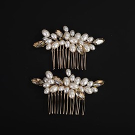 BERYUAN Champagne Rhinestone Pearls Wedding Hair Comb Pearls Bridal Wedding Headpiece Dainty Pearls Hair Comb Pearls Hair Side Comb Crystal Wedding Comb for Women Girls(2pcs) (champagne)