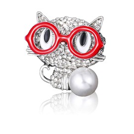 ETHOON Cute Cat Brooch Pin Red Glasses Fortune Cat with Imitation Pearl Lapel Pin Silver