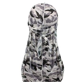 Premium Silky Du rag Cap Military Camouflage Durags Bandana Doo rag Cap Headwraps Men's Women's Silk Durag with Long Tail Wide 360 Waves Doo rag (Grey Camouflage)