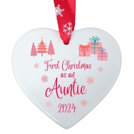 Second Ave First Christmas as an Auntie White Ceramic Hanging Heart Christmas Xmas Tree Decoration Bauble