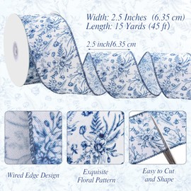 woric Blue Floral Wired Ribbon 2.5 Inch x 15 Yards Chinoiserie Style