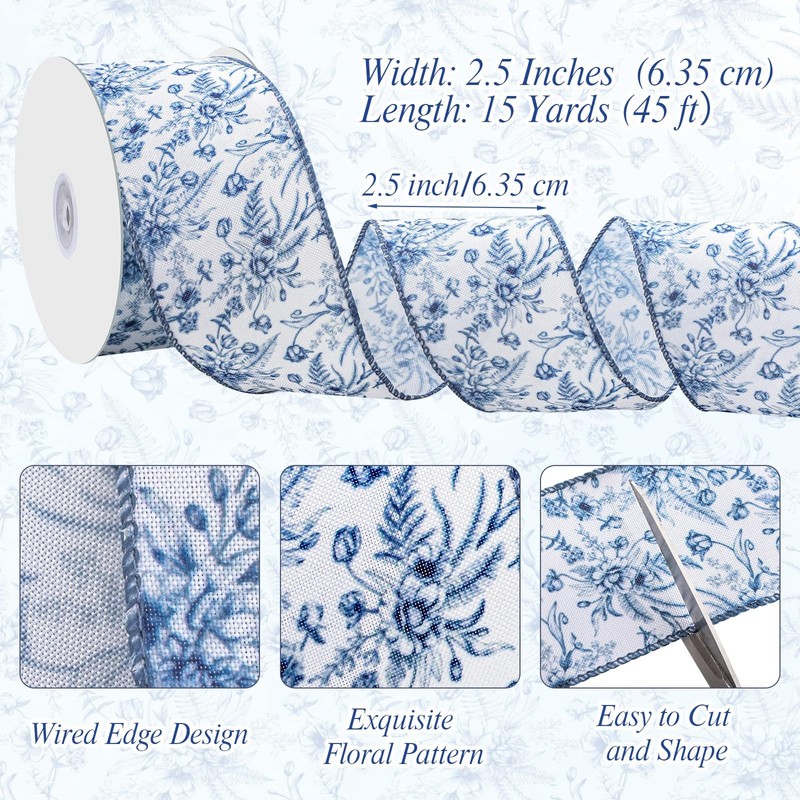 woric Blue Floral Wired Ribbon 2.5 Inch x 15 Yards