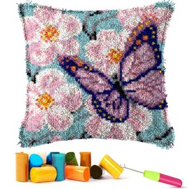 EMISTEM Latch Hook Kits for Adults - Latch Hook Pillow Kits for Kids, Crochet Yarn Kit for Beginners, DIY Needlework Crafts Cover Case with Printed Canvas,(Butterfly in Flowers,17x17 inch)