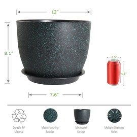 UOUZ UOUZ 12inch Large Plant Pot, Modern Plastic Planter with High Driange Holes and Saucer for Indoor Outdoor Garden Plants and Flowers, Black with Green Speckles