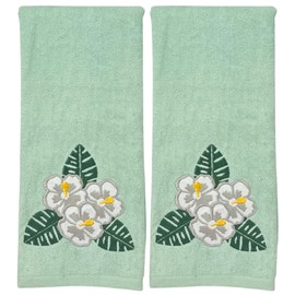Coastal Bathroom Hand Towels – Set of 2 Light Green 100% Cotton Embroidered Beach Flower with Green Leaves Design – 25 x 16” Bath & Kitchen Decor