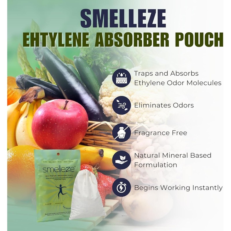 SMELLEZE Reusable Ethylene Gas Absorber Pouch: Treats Over 300 Sq.