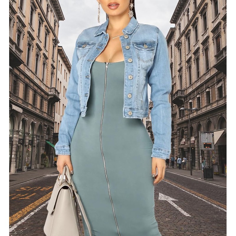 BessCops Women's Jean Jacket Long Sleeve Classic Distressed Fray Hem