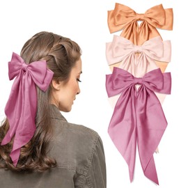Large Hair Bows for Women 3Pcs Satin Hair Ribbon Bow Hair Clips with Long Tails Vintage Hair Accessories(Korean Pink,Champagne Pink,Orange)