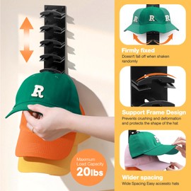 Yonsya 2 Pack Hat Organizer for Baseball Caps, Hat Hanger Holder Hold up to 16 Hat, Wall Hat Rack with Strong Adhesive, Multilayer Cap Storage Hooks for Closet Door and Bedroom (Black-20)