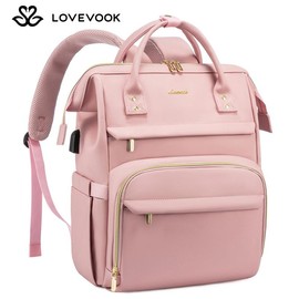 LOVEVOOK Fall Vegan Leather Laptop Backpack with USB Port for Women - College, Business, Work, Teacher, Travel, School Backpack，Back to School:_Pink_15.6" - 16.5"L x 12"H x 7.8"W