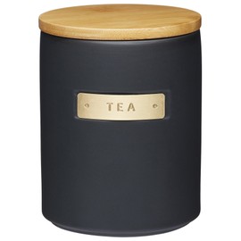 MasterClass Airtight Stoneware and Brass-Effect Tea Storage Canister, 1 Litre, Black, 11.1 x 11.1 x 14.5 cm