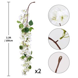 INSUNSIX 6.6FT White Bougainvillea Garland 2PCS Artificial Hanging Flowers Faux Bougainvillea Artificial Vine Flowers for Wedding Arch Centerpieces Table Runner Wall Decorations (White)