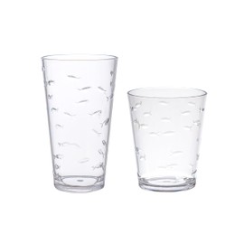 KLIFA- CHARLESTON- 16.5 & 19 oz, Set of 8, School of Fish Acrylic Drinking Glasses, BPA-Free, Stackable Plastic Drinkware, Dishwasher Safe Cups, Clear