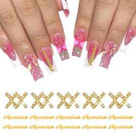 MOLILON 15pcs 3d Gold Aries Nail Charms 5pcs Zodiac Signs and 10pcs Zodiac Letter Nail Studs Rhinestones Crystal Alloy Twelve Constellation Charms for DIY Crafts Jewelry Decoration Nail Supplies