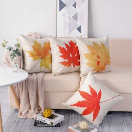 Artscope Set of 4 Decorative Cushion Covers 45 x 45 cm, Autumn Theme, Cotton Linen Cushion Covers, Decorative Cushion Cover Set, Cushion Case for Sofa, Car, Bedroom, Home Decor, maple leaf, 45 x 45 cm