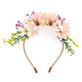 JZK Wedding flower headband for flower girl bride bridal daisy tiara girl and woman bridal hairband floral garland headpiece, White beige