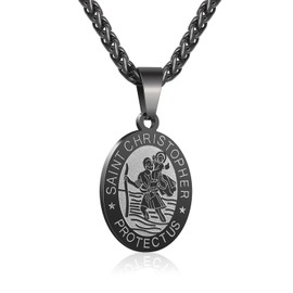 RS Black St Saint Christopher Medal Necklace for Men Boys Stainless Steel Pendant Chain Catholic Religious Baptism First Communion Confirmation Jewelry Gifts Teen Teenage Him Son