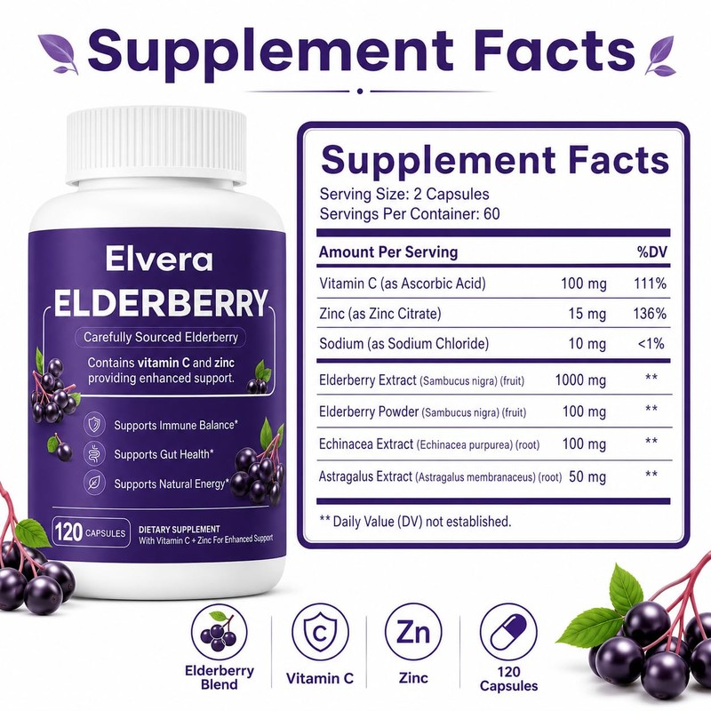 Elvera Elderberry Gut Support - Vitamin C & Zinc, Daily