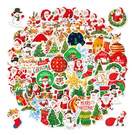 100pcs Christmas Stickers Holographic, Christmas Vinyl Stickers Santa Snowman Snowflake Merry Christmas Stickers for Scrapbook Laptop Phone Car Water Bottle Skateboard Decorations Xmas Party Supplies