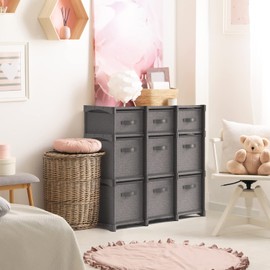 9 Cube Storage Organizer, Gray Storage Cubes Organizer Shelves, Sturdy Cubbies Storage Shelves with Cube Storage Organizer Bins, DIY Cube Shelf Organizer for Bedroom, Playroom, Office, & Dorm, Black