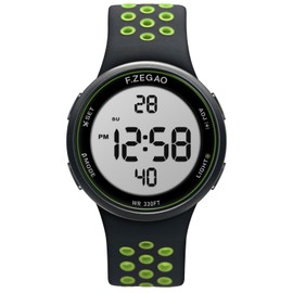 F.ZEGAO Digital Watch for Mens Womens, 100M Waterproof Watches for Swimming, Outdoor Sports Watches Multifunction Alarm Countdown Stopwatch Dual-Time Luminous Display Green Silicone Strap