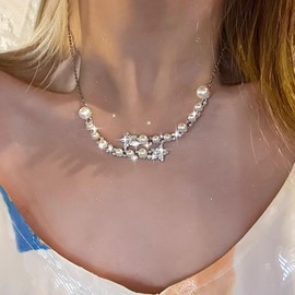 TseenYi Kristall Perlen Anhänger Halskette Perle Rhonestone Braut Halskette Silber Cz Stern Halskette Stern Perlen Halskette Weisse Perlen Perlen Halskette Kubischer Zirkonia Hochzeit Halskette