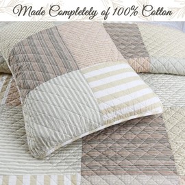Cozy Line Home Fashions 100% Cotton Reversible Quilt Bedding Set, Classic Taupe Tan Striped Patchwork All-Season Coverlet Bedspread (Winter Plains, King-3 Piece)