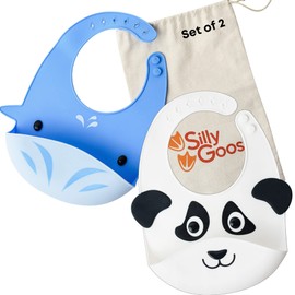 Silly Goose Set of 2 Silicone Animal Baby Bibs for Babies and Toddlers, Waterproof, Adjustable, Soft, Extra Wide Food Catcher Pocket (Panda + Whale)