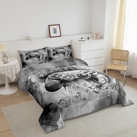 Castle Fairy Video Games Boys Girls Comforter Set,Game Controller Gamepad Duvet Set for Room Decor,Watercolor Graffiti Modern Gamer Brushed Microfiber Soft Quilt Cover,Full