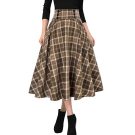 MGizo DtiSpectrum Plaid Pleated Skirts for Women - Vintage Button Front High Elastic Waist Tartan Midi Length A-line Flared Pleated Kilt, bronze