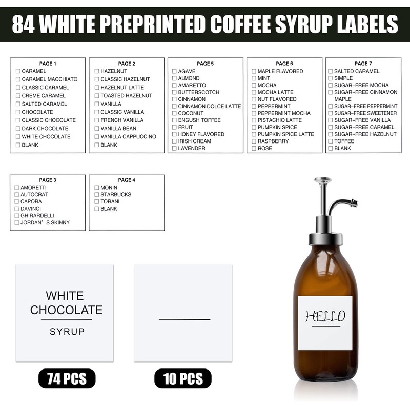 AIEX Coffee Syrup Labels, 84pcs Waterproof White Minimalist Coffee Syrup