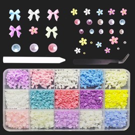 ZACHMEST 1000Pcs 3D Pink Bow Nail Art Charms, 3D Assorted Bowknot Nail Charms Pearls Gems Cute Star Heart Butterfly Bow Planet Bear Nail Decoration with Pickup Tools Manicure DIY Crafts Decorations