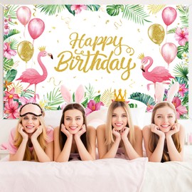 Happy Birthday Background - 6x4 Feet Female Birthday Decorations Flamingo Tropical Plants Photo Background Birthday Party Banner Decorations- White
