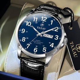 Taxau Waterproof Watches Men's Gentleman Men's Watch Business Leisure Men's Watches Luxury Watch Arabic Numerals Men's Watch with Date and Day Display Watches for Men, Black Leather Strap Blue