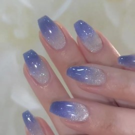 Glitter Ombre Blue False Nails Coffin, SXVME Glitter Press on Nails Medium Short Ballerina Fake Nails Sequins Full Cover Acrylic Nails Glossy Glue on Nails Press ons for Nail Art 24 Pcs