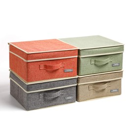 YueYue Small 4 Pack Fabric Stroage Box with Lids, Linen Foldable Stroage Box with lids 4 Color Set 12.4in/12in/6.7in