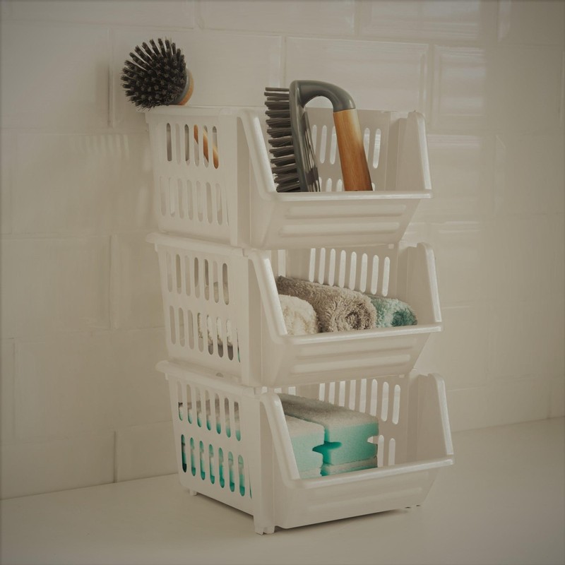 Whitefurze Stacking Basket Set of 3, Cream, 18 cm