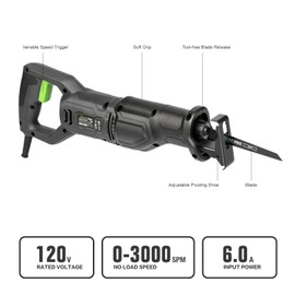 GALAX PRO 120V Reciprocating Saw, 6.0 Amp Variable Speed Corded Reciprocating Saw with1-1/8" Stroke Length, 2800RPM and 6" Max for Wood, Metal, PVC Pipe Cutting