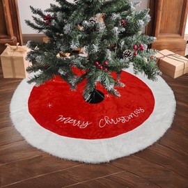 Artmag Merry Christmas Tree Skirt 36 inches Large Luxury Faux Fur White Red Tree Skirt with Snowflake Double Layers Soft Tree Skirt for Christmas Holiday Decorations
