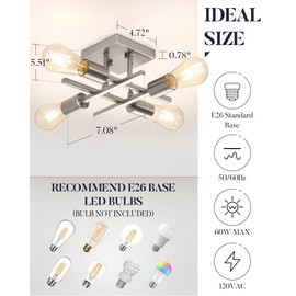 Eidonta Industrial 4-Light Semi Flush Mount Ceiling Lighting Fixture, Modern Brushed Nickel Chandelier Light, Farmhouse Sputnik Ceiling Lamp with E26 Base for Bedroom Living Room Entryway, 2 Pack