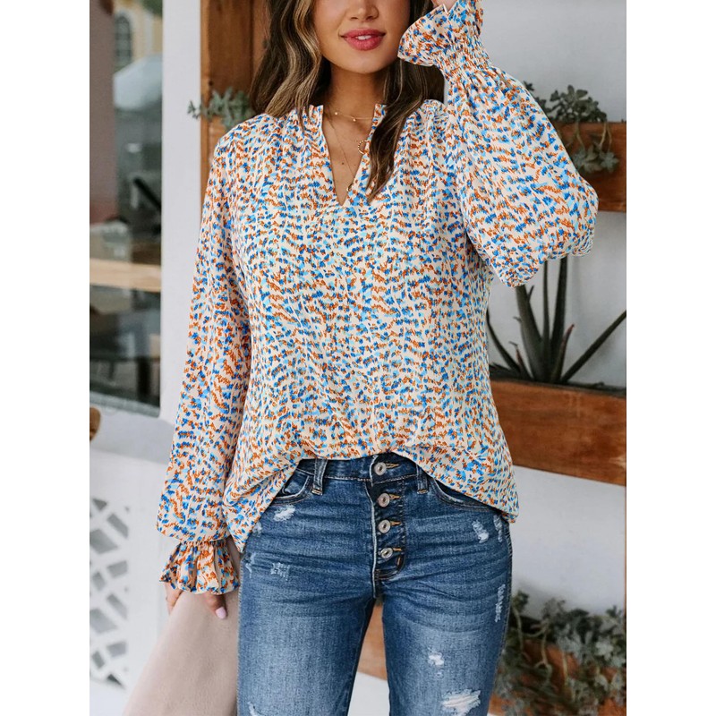 MASCOMODA Womens V Neck Floral Long Sleeve Tops 2025 Summer