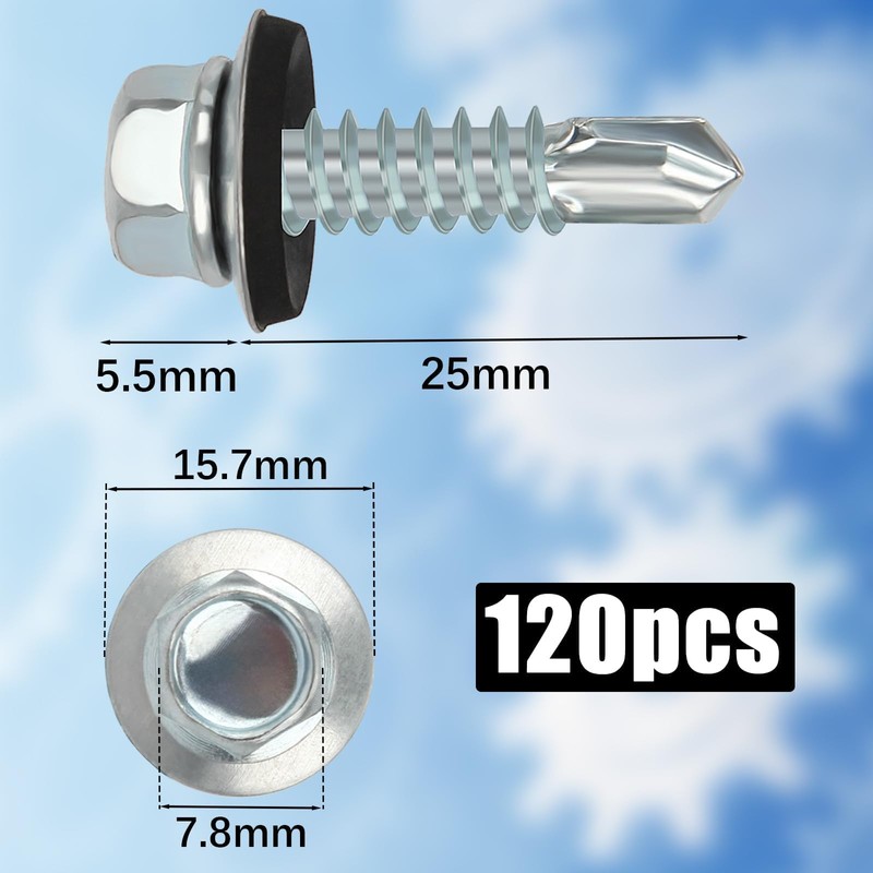 120PCS Roofing Screws with Rubber Washers 5.5x25mm Hex Head Self