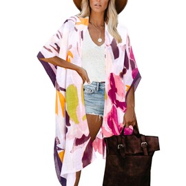 Moss Rose Women's Beach Cover up Swimsuit Kimono Cardigan with Bohemian Floral Print