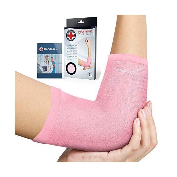 Doctor Developed Ladies Pink Elbow Compression Sleeve for Women and Doctor Written Handbook- relief from Tennis/Golfers Elbow & Other Elbow Conditions - Excellent Customer Support (Medium)