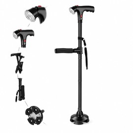 Folding Walking Cane with LED Light, Adjustable Collapsible Standing Canes with SOS Alarm, Pivoting Non Slip Quad Base, Heavy Duty Walking Sticks for Seniors Adults