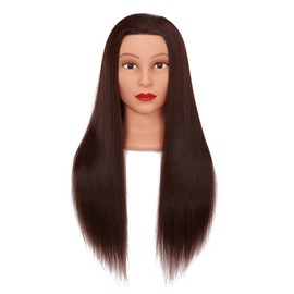 Headlima Cosmetology Mannequin Head Manikin Training Head 26-28'' Synthetic Fiber Hair Styling Practice Doll Head Hairdresser with Clamp Stand (Brown)