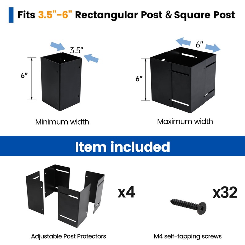 Muzata 4Pack Adjustable Fence Post Protector Range 3.5" to 6"