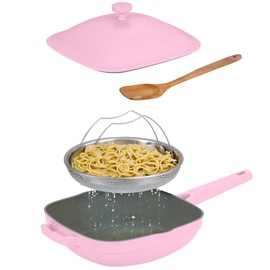 MogaMax Nonstick Ceramic Saute Pan with Steamer, All-in-One Pan, PFOA,PFOS,Lead & Cadmium Free,Dishwasher Safe,4 Qt,11-inch, Pink, Stay-cool Handle,non stick chef's pan